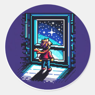 Sticker Rond Stargazer à la fenêtre Dreamy Pixel Art Night Sky