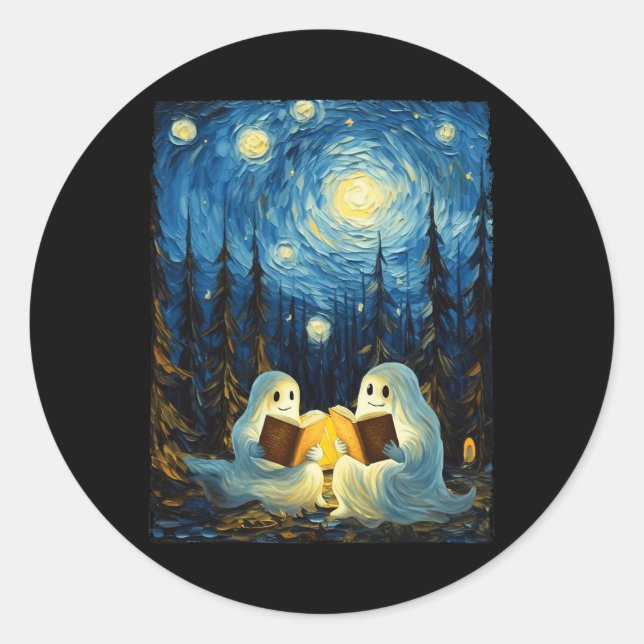 Sticker Rond Starry Night Ghost Book Lecture Camping Halloween (Devant)