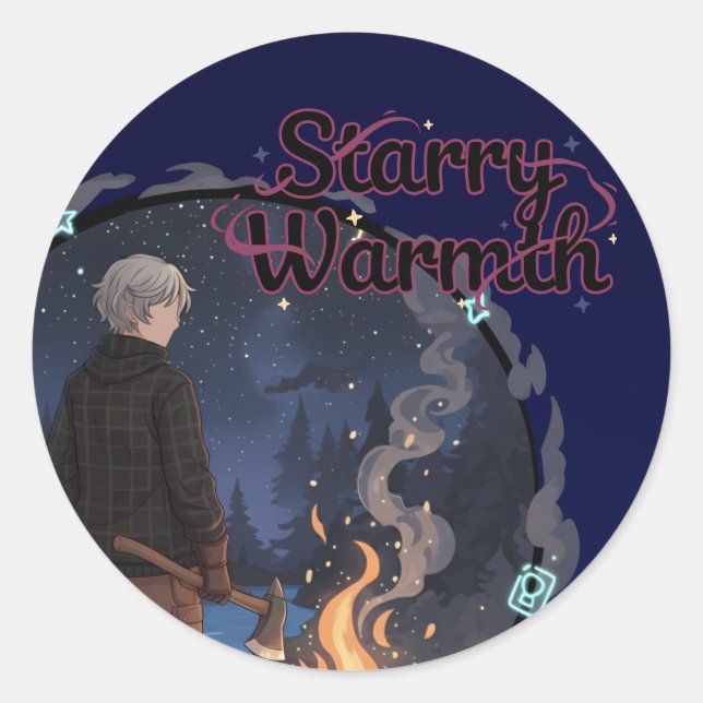 Sticker Rond Starry Warmth - Lumberjack Anime Boy by Campfire (Devant)