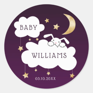 Sticker Rond Stars Lune Lapin Or Baby shower pourpre