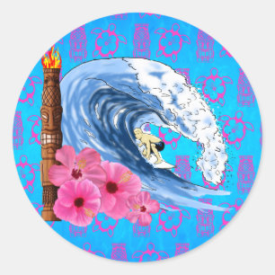 Sticker Rond Statue De Surfer Et Tiki