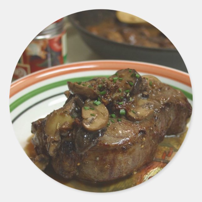 Sticker Rond Steak Avec Champignons Shitaki (Devant)