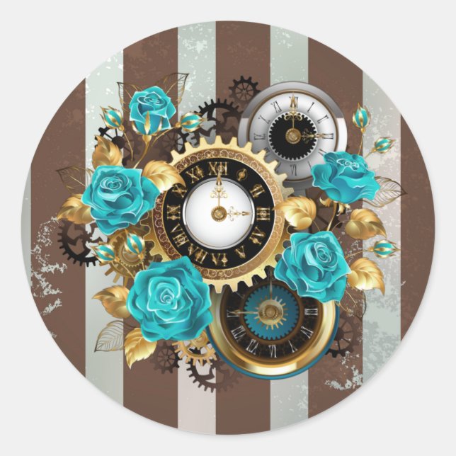 Sticker Rond Steampunk Clock and Turquoise Roses on Striped (Devant)