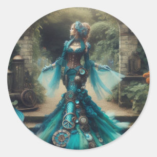 Sticker Rond Steampunk Vintage Victorian Lady Turquoise Sirène