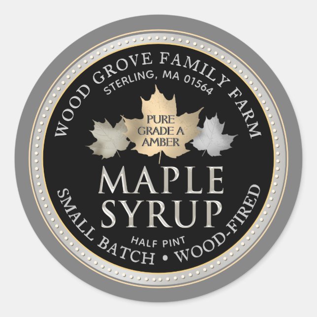 Sticker Rond Sterling Label Small Batch Maple Syrup Gold Leaf (Devant)