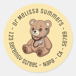 Sticker Rond Stéthoscope en forme d'ours en peluche Texte rond 