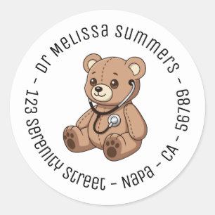 Sticker Rond Stéthoscope en forme d'ours en peluche Texte rond 