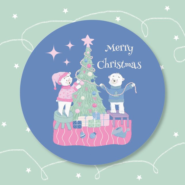 Sticker Rond Stick bleu arbre décoratif à l'ours polaire (Cute Holiday blue round sticker with two polar bear cubs decorating a Christmas tree .)