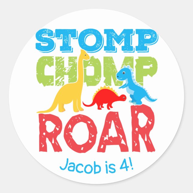 Sticker Rond Stick d'anniversaire Stomp Chomp Roar Cute Dinosau (Devant)