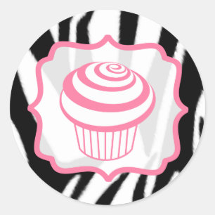 Sticker Rond Stick d'anniversaire Zebra Print et Pink Cupcake