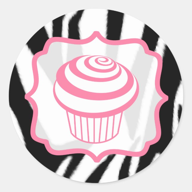 Sticker Rond Stick d'anniversaire Zebra Print et Pink Cupcake (Devant)