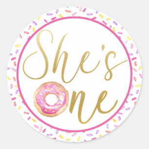 Sticker Rond Stick de fête d'anniversaire rose et or Donut