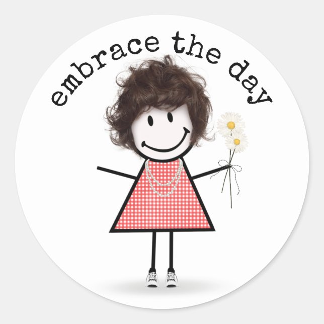 Sticker Rond Stick Figure Girl en Basket avec devis (Devant)