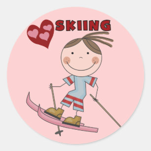 Sticker Rond Stick Figure Girl Skier Tshirts et cadeaux