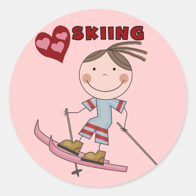 Sticker Rond Stick Figure Girl Skier Tshirts et cadeaux (Devant)