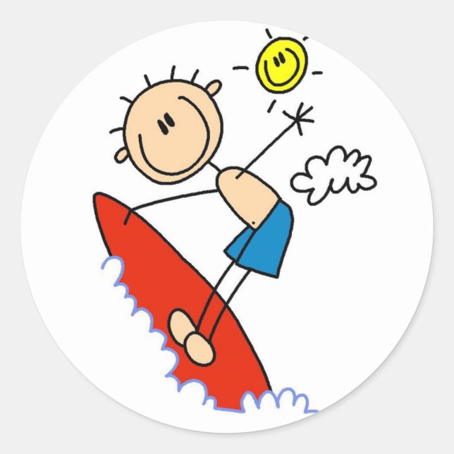 Sticker Rond Stick Figure Surfer Boy Tshirts et cadeaux (Devant)