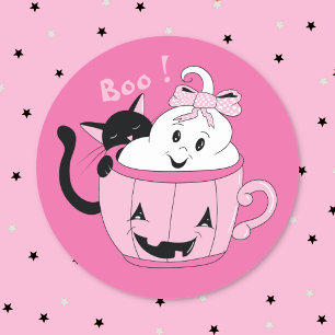 Sticker Rond Stick Halloween éffrayant Fantôme noir Chat rose