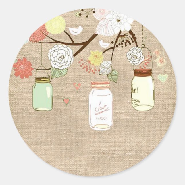 Sticker Rond Stick Mariage Burlap de Country Rustic Mason Jars (Devant)