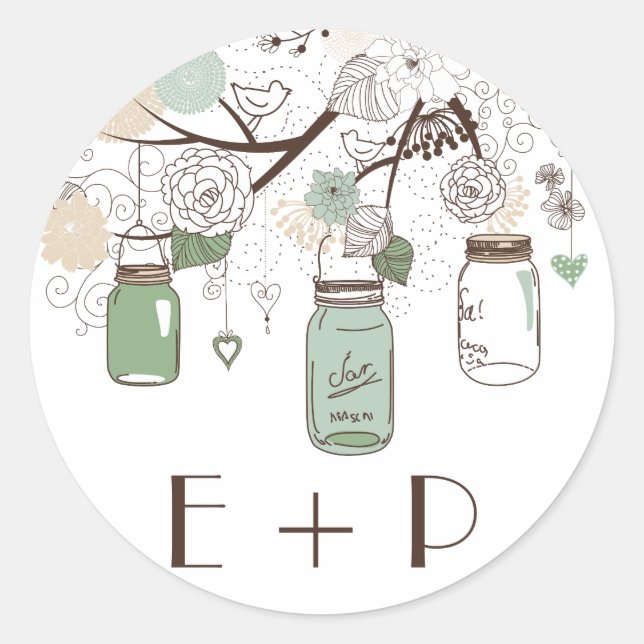 Sticker Rond Stick Mariage Monogram Mint Green Mason Jars (Devant)