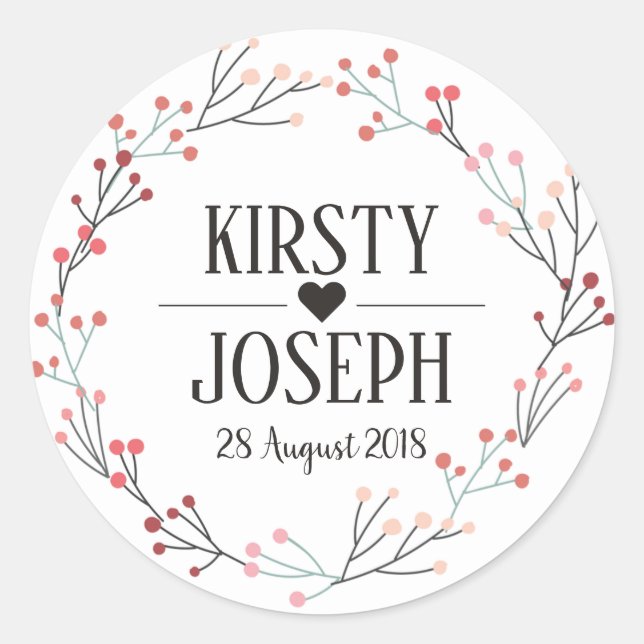 Sticker Rond Stick Mariage rose Floral Wreath Monogram Gold (Devant)
