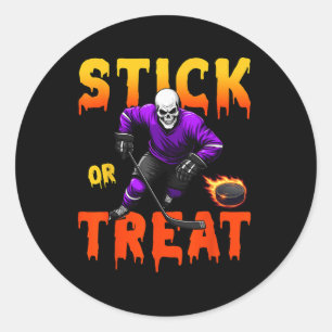 Sticker Rond Stick Or Treat Halloween Hockey Joueur de Skeleton