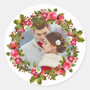 Sticker Rond Stick photo et couronne Holly de Noël