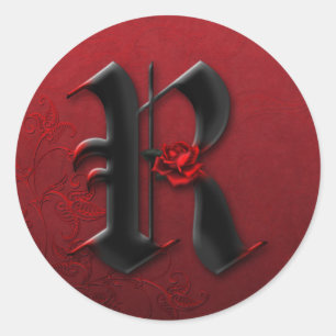 Sticker Rond Stick R Monogramme de rose noire et rouge