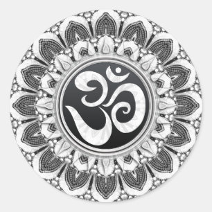 Sticker Rond Stick rond Noir+Blanc Pétales Aum Mandala