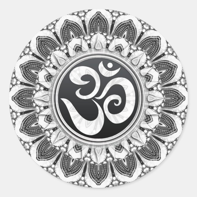 Sticker Rond Stick rond Noir+Blanc Pétales Aum Mandala (Devant)