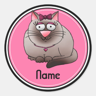 Sticker Rond Stickers, Modèle de nom, Cartoon de chat mignon