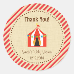 Sticker Rond Sticule Baby shower Tente Cirque Stripes rouges