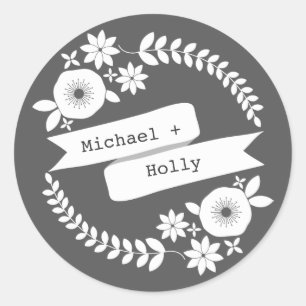Sticker Rond Sticule de couronne et de bannière de fleurs blanc