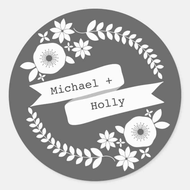Sticker Rond Sticule de couronne et de bannière de fleurs blanc (Devant)