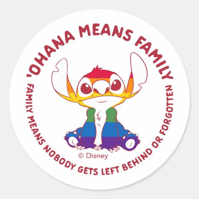 Sticker Rond Stitch | Ohana Means Family - Arc-en-ciel (Devant)