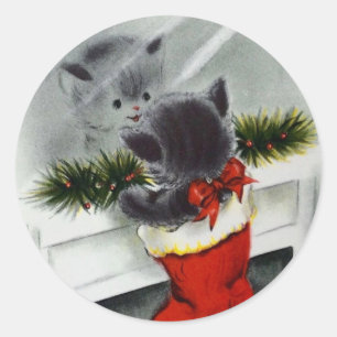 Sticker Rond Stocker vintage Chat de Noël À La Recherche Dans M