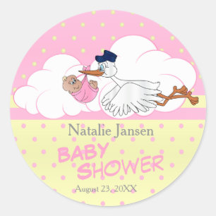 Sticker Rond Stork avec une mignonne petite fille bébé