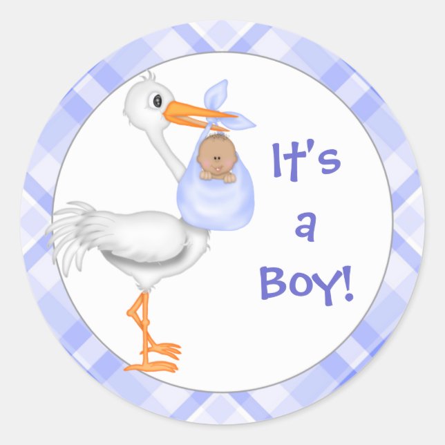 Sticker Rond Stork & Baby Boy (peau foncée) Baby Faire-part (Devant)