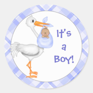 Sticker Rond Stork & Baby Boy (peau foncée) Baby Faire-part