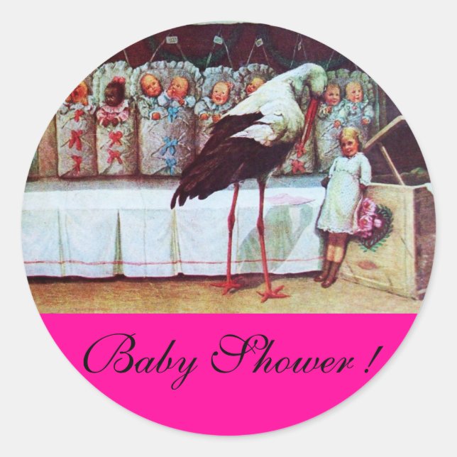 Sticker Rond STORK BÉBÉ GARÇON DOUCHE 3 fuchsia rose (Devant)
