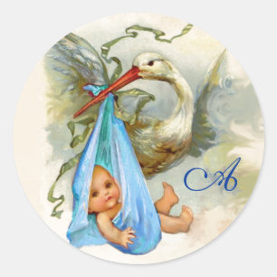 STICKER ROND STORK BÉBÉ GARÇON MONOGRAM DOUCHE,