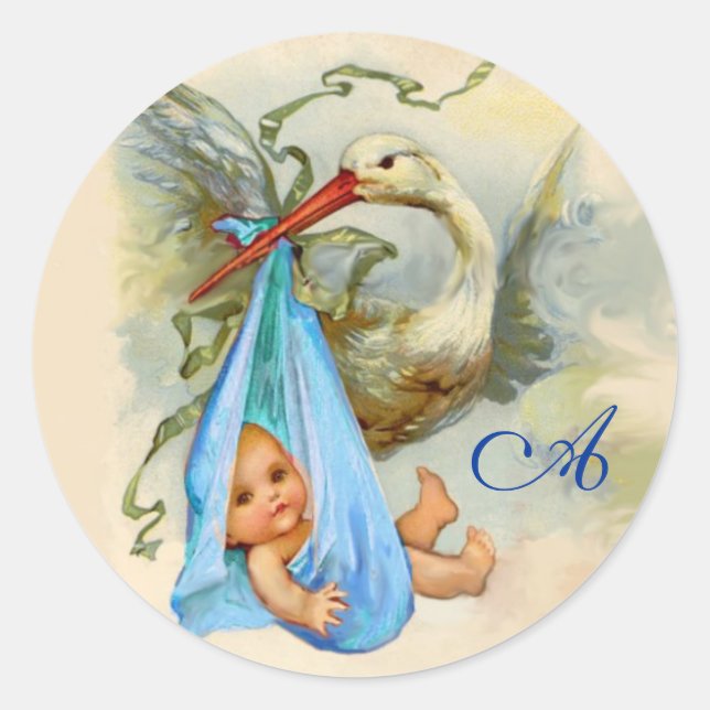 STICKER ROND STORK BÉBÉ GARÇON MONOGRAM DOUCHE, (Devant)
