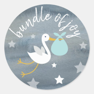 Sticker Rond Stork Blue Bundle Stars Watercolor Baby shower
