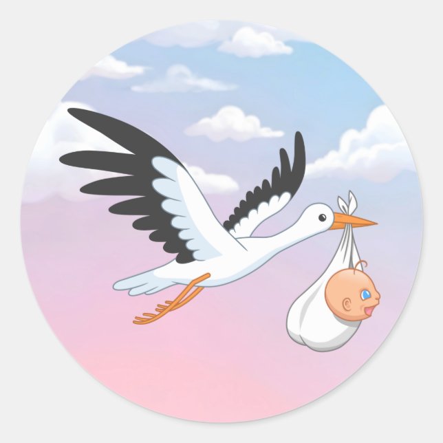 Sticker Rond Stork Carrying a Baby Sky Clouds (Devant)