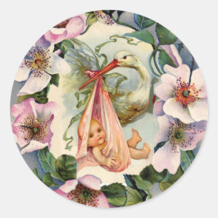 STICKER ROND STORK FILLE BABY SHOWER COURONNE AVEC DES ROSES SA