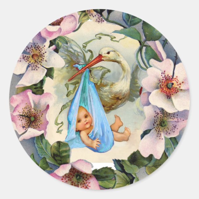 STICKER ROND STORK GARÇON BABY SHOWER COURONNE AVEC ROSE ROSES  (Devant)