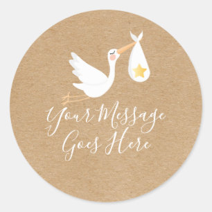 Sticker Rond Stork Gold Star Baby shower Script rustique