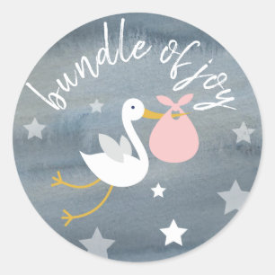 Sticker Rond Stork Pink Bundle Stars Baby shower Aquarelle