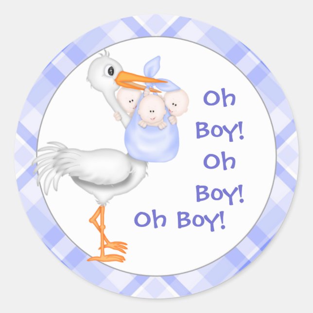 Sticker Rond Stork & Triplet Boys Baby Faire-part (Devant)