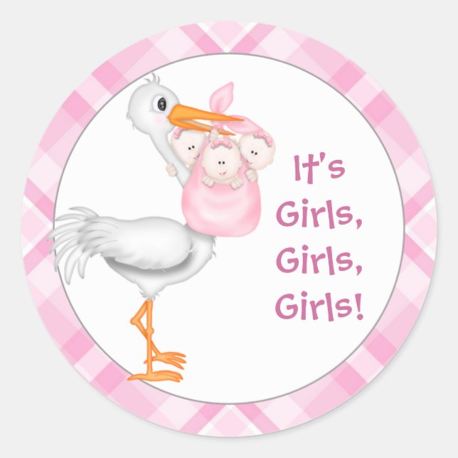 Sticker Rond Stork & Triplet Girls Baby Faire-part (Devant)
