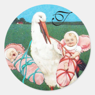 STICKER ROND STORK TWIN BÉBÉ FILLE DOUCHE MONOGRAM